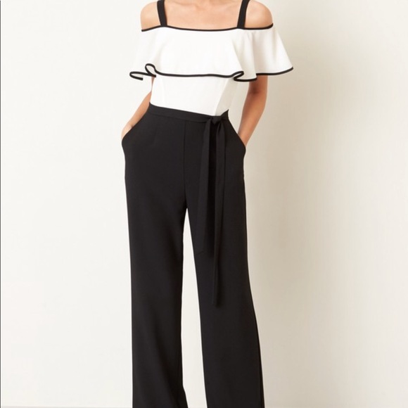 Eliza J Cold-Shoulder Womens Ruffled Jumpsuit Black 4